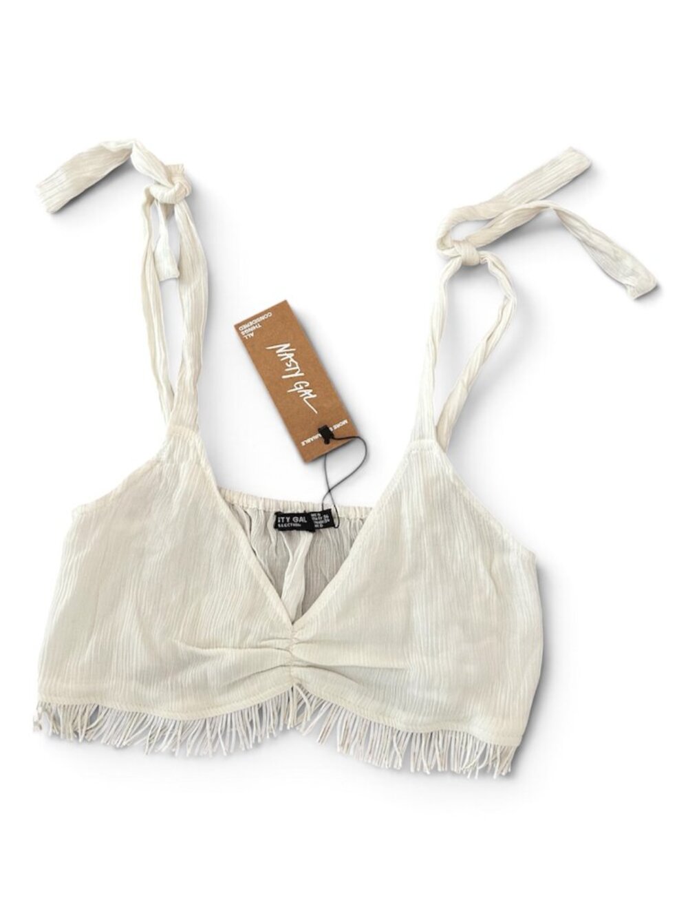 NWT Nasty Gal Crinkle Fringe Hem Bralette Size Crop Top Size Small Size 4 Cream